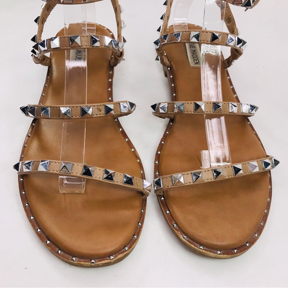 Steve Madden Women's 10 Tan Nude Gladiator Studded Flat Ankle Wrap Sandal - Picture 2 of 10